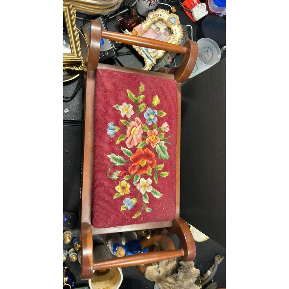 1032. Vintage Needlepoint Footstool - Red